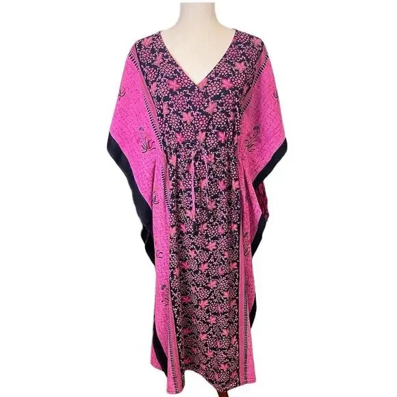 J Gee | Dresses | J Gee Boho Kafatan Floral Pinkblack One Size Maxi Dress  Beach Coverup | Poshmark